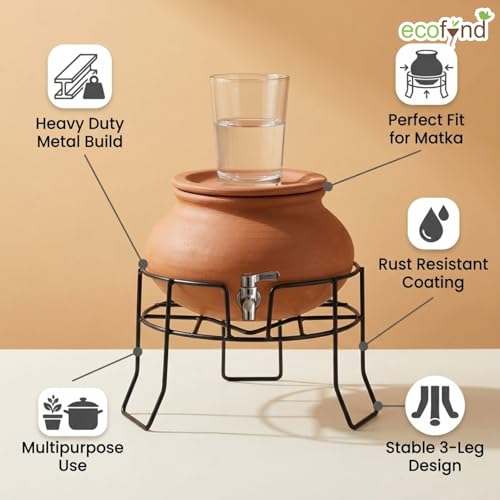 Image of ecofynd Round Heavy Duty Cole Matka Stand for Kitchen, Water Pot Stand, Terracotta Stand for Kitchen Utensils, Multipurpose Dispenser Rack, Pot Stand, Jar Holder, (PS302-BLK)