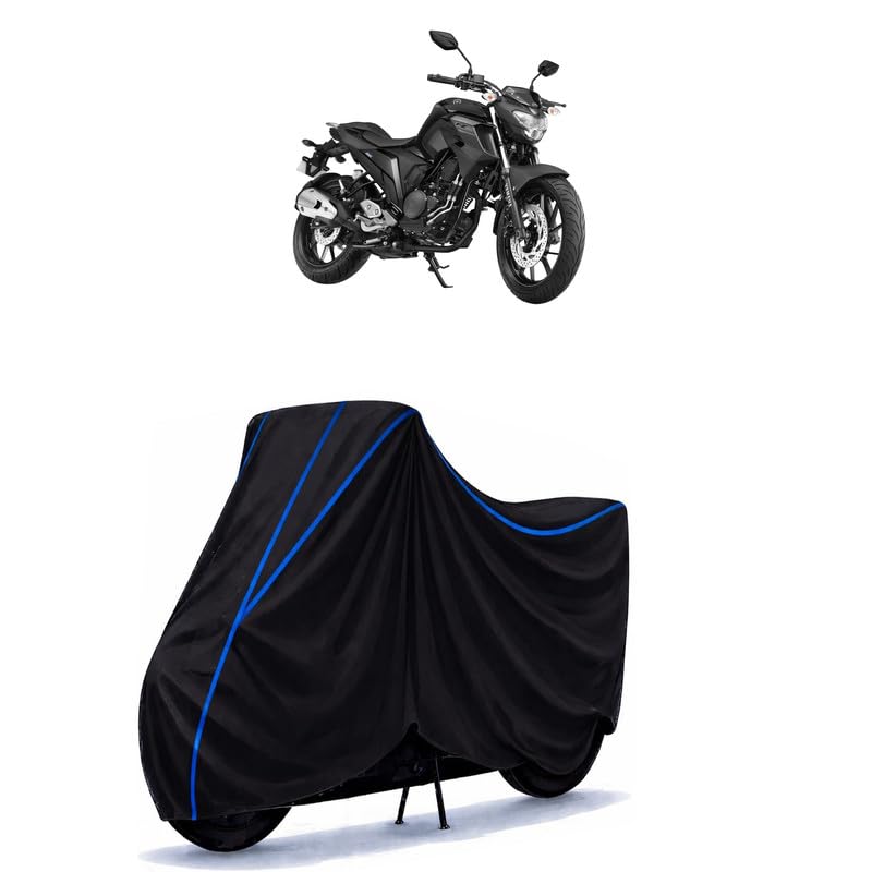 Image of FZS 25 STD Bike Cover Water Resistant Universal Motorcycle Rain | Heavy Duty UV Protection, Dust, Scratch Indoor Outdoor All Weather with Black Blue Piping Elastic