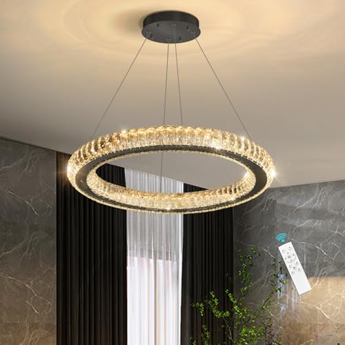 HAIXIANG Crystal Ring Chandelier Black Modern LED Pendant Lights for Dining Room Remote Dimmable Hanging Light Kitchen Island Entrance Bedroom Lighting Chandeliers by HAIXIANG - Used condition - US$75.59