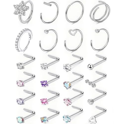 YNAAIAA 20G Stainless Steel Nose Rings, L Shaped Nose Studs and Nose Rings Hoops, Cute Heart Square CZ Nose Screw Piercing Jewelry 24Pcs Silver For Women