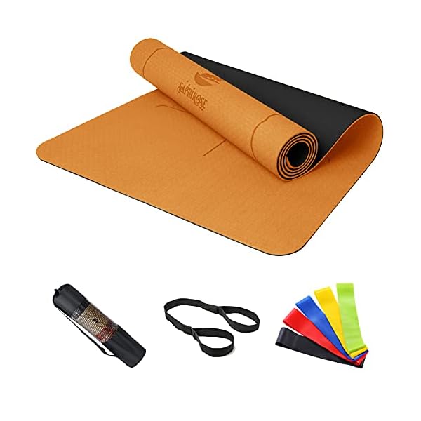SaphiRose Non-Slip Yoga Mat with Alignment Lines TPE Home Fitness Eco-Friendly Exercise & Workout Mat with Carrying Strap Types of Yoga Orange+Black
