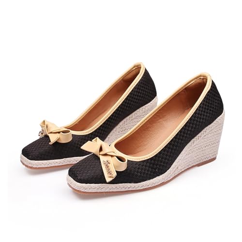 Qgtxf Espadrillen Frauen Keile Plattform Sandalen Bow Slip auf Geschlossenen Zehen Pumpen Schuhe(Black,36 EU)
