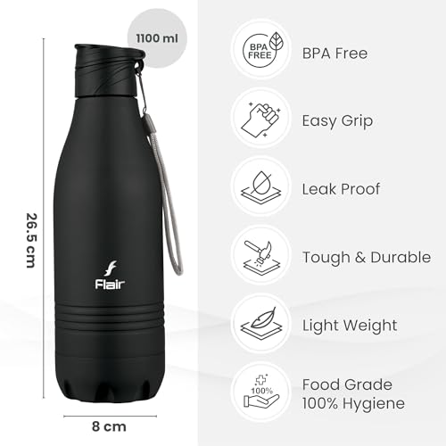 Image of FLAIR Champ DX 1100 ml Stainless Steel Water Bottle - Black | BIS Certified & ISI Marked | SS 304 Food Grade | Fridge Bottle, Durable & Reusable Bottle for Office, Gym & Travel