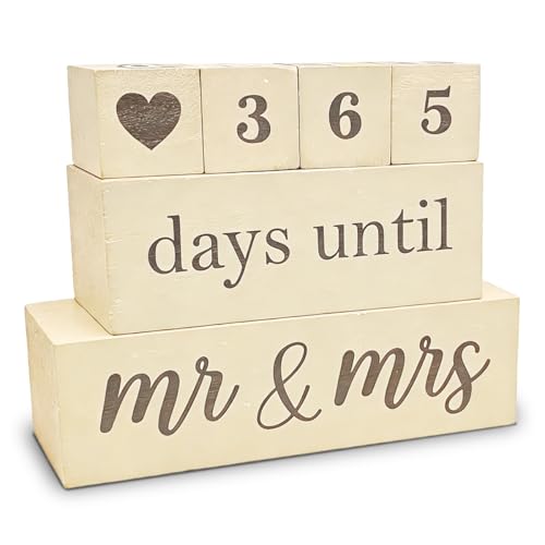 6 Pcs Wooden Engagement Gifts for Couples Wood Engagement Party Decorations Block Wedding Day Countdown Calendar Fiance Gifts for Women Future Mr Mrs Newly Engaged Couples, Khaki