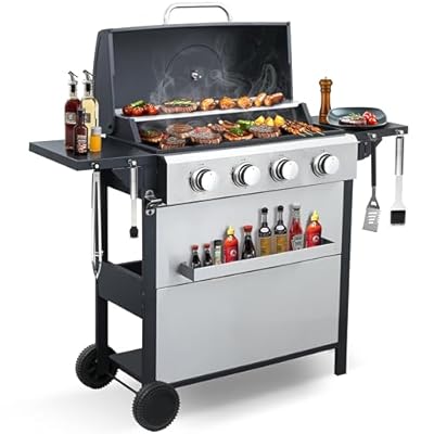 COOKIT 4-Burner Propane Gas Grill with 40,000 BTU Output - Enamel Cooking Grids, Easy-Clean Grease Management & Even Heat Distribution for Perfect BBQs (4-Burner)