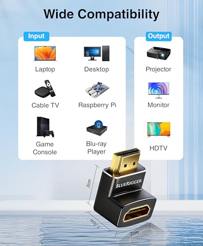 Image of BlueRigger HDMI 90 Degree Adapter (1-Pack, 8K 60Hz Right Angle HDMI 90 Degree Adapter, Male to Female, L-Shaped Up & Down Angled Elbow Connector)- Compatible with HDTV, Laptop, PS5, PS4