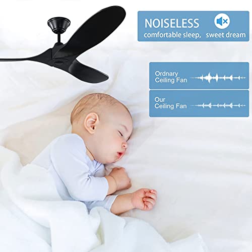 Ycgu 60'' Black Ceiling Fan No Light, Outdoor Indoor Wood Ceiling Fan With Remote Control, 3 Solid Wood Blades, Noiseless Reversible Motor, 6-Speed, Easy Install System (60-Inch, Matte Black) #TOP6