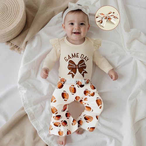 KMBANGI My First Football Season Baby Girl Clothes Ruffle Sleeves Bow Embroidered Romper Flare Pants Infant Game Day Outfit2
