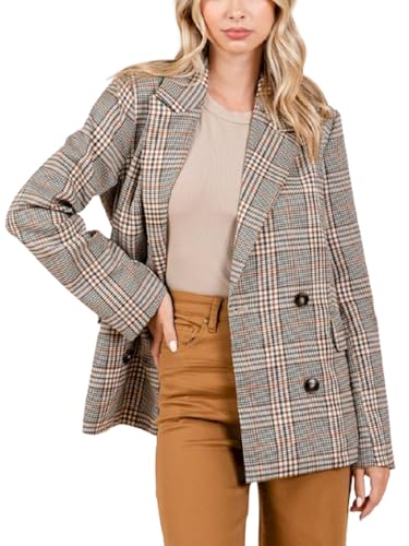 Image of Womens Casual Double Breasted Plaid Blazer Professional Checkered Office Jacket Style Outerwear (Brown Combo,Medium)