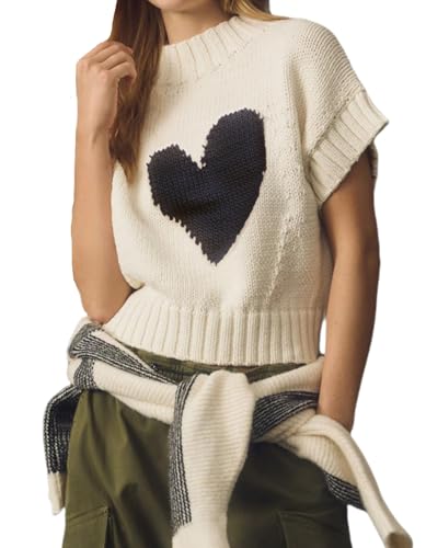 Kedera Womens Heart Short Sleeve Sweaters Pullover Shirt Tops Crew Neck Lightweight Ribbed Knit Sweater Blouses