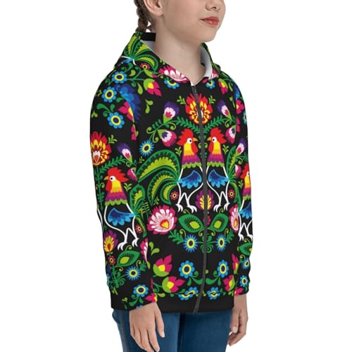 Roosters and Flowers Kid Hoodies Boys Zip Up Sweatshirts Girls Pullover with Pocket4