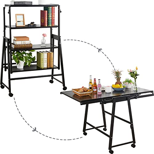 2-in-1 Convertible Shelf to Table with Wheels, Space Saving Storage Shelf or Dining Table, 4 Tier Shelving Unit Industrial Bookcase for Small Spaces, Kitchen, Dining Room and Living Room, Black 2-in-1 Convertible Shelf to Table with Wheels, Space Saving Storage Shelf or Dining Table, 4 Tier Shelving Unit Industrial Bookcase for Small Spaces, Kitchen, Dining Room and Living Room, Black