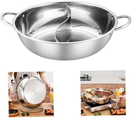 Hot Pot Cooker Mandarin Duck Pot with Divider Stainless Steel Induction Yin Yang Shabu Hot Hot Pot 2 Grid 2 Taste Cooker Pot Fondue Kitchen Casserole Soup Cooking Tool, 34cm