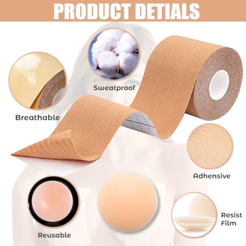 Image of ZEECOM Boob Tape Boobtape for Women, Double-Sided Fashion Tape for Large Breasts, Extra Long Roll Body Tape with 2 Pcs Silicon Reusable Nipple Covers for Women with Lift