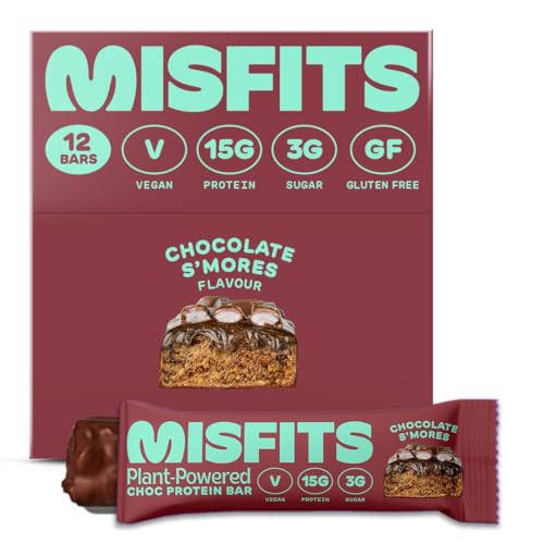 Misfits Vegan Protein Bars, Chocolate Smores - Original Recipe | Gluten Free, Low Sugar & Carb, High Fibre Snacks | Pack of 12