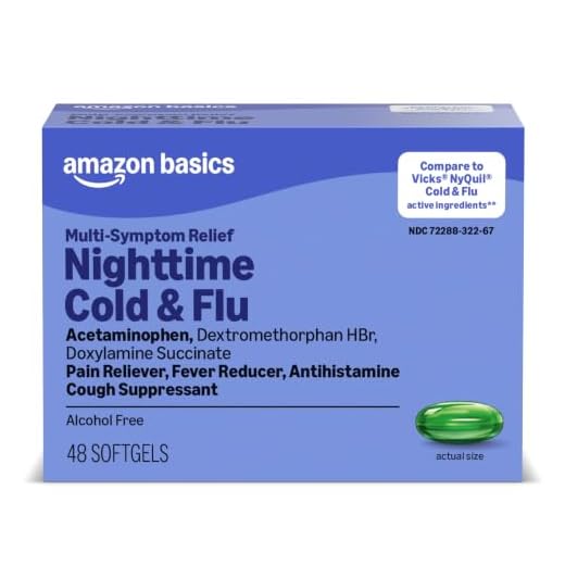 Amazon Basic Care Nighttime Cold & Flu Relief, Pain Reliever, Fever Reducer, 6 Hour Cold Medicine, Cough Suppressant, Antihistamine, 48 Count