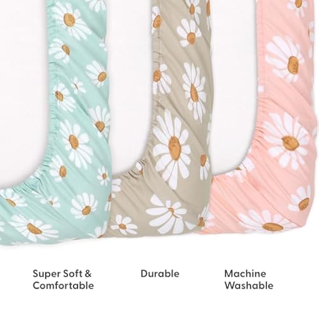 The Peanutshell 3-Pack Fitted Playard Sheets - Soft & Breathable Baby Girl Mini Crib Sheets, Pack N Play Mattress, Fits Standard Playard Pack Play Mattresses - Daisy Dreams