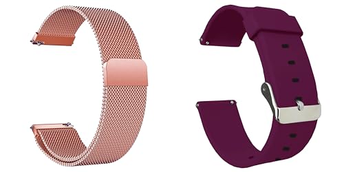 Image of ACM Watch Strap 20mm compatible with Compaq Q Watch Smartwatch | Pack of 2 Magnetic & Silicone Belt Metal Chain with Classic Band (Rose Gold Pink /Purple)