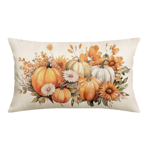 Image of MIGEEN Boho Orange and Sage Green Pumpkin Fall Throw Pillow Covers 12x20 Inch Floral Outdoor Farmhouse Cottage Autumn Decorations Decorative Pillows Cases Home
