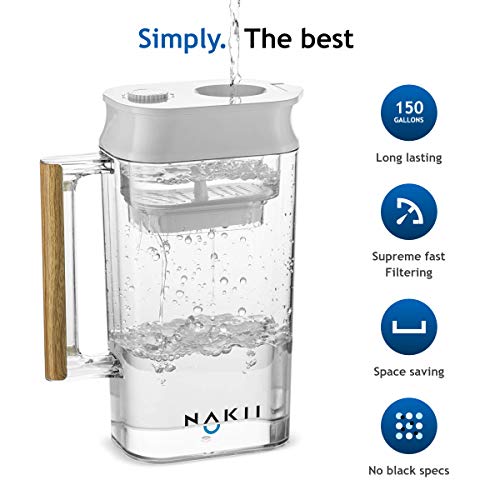 Nakii Water Filter Pitcher - Long Lasting 150 Gallons, Supreme Fast Filtration And Purification Technology, Removes Chlorine, Metals & Fluoride For Clean Tasting Drinking Water, Wqa Certified, #TOP3