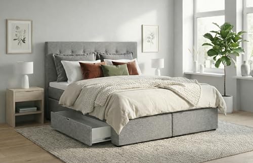 Tesla Dreams Boxspringbett 180x200 Ankona - Schublade,7 Zonen-Taschenfederkern-Matratzen,H2/H3, Topper Komfort, Grau