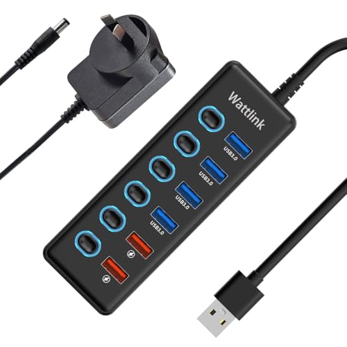 USB Hub with 24W Power Adapter, 6-Port USB 3.0 Hub Splitter (4 USB 3.0 Data Ports + 2 QC 3.0 Fast Charging Ports) with Individual LED Switches for Mac, PC (with Adapter)