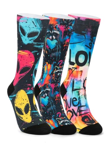 Image of Novelty Crew Socks for Unisex Wild Side with These Eye-Popping Prints 3 Pairs One Size