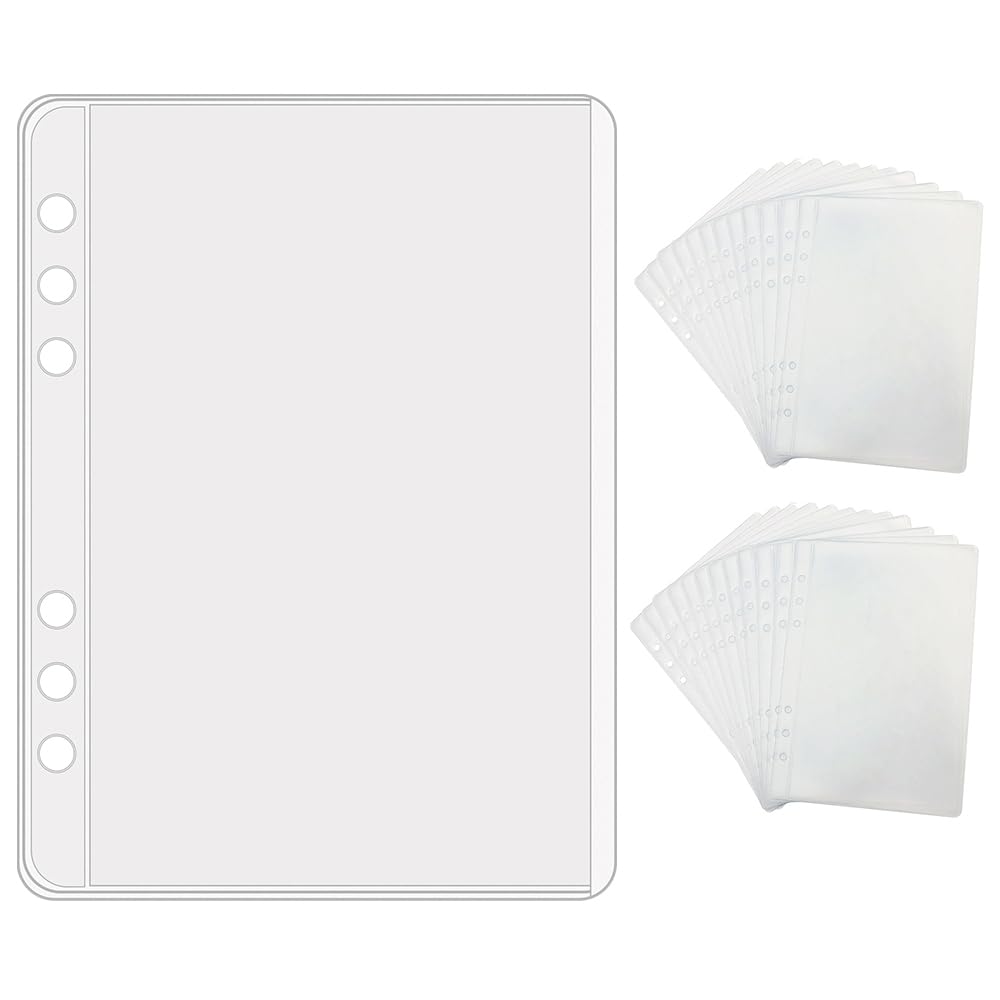 24pcs A5 Binder Pockets Zipless Cash Envelopes Loose Leaf Binder Sleeves Frost PVC Sheet Protectors 6 Holes for 6 Ring A5 Binder Organizer Photos Cards Bills (A5 Binder Pockets, 24pcs)