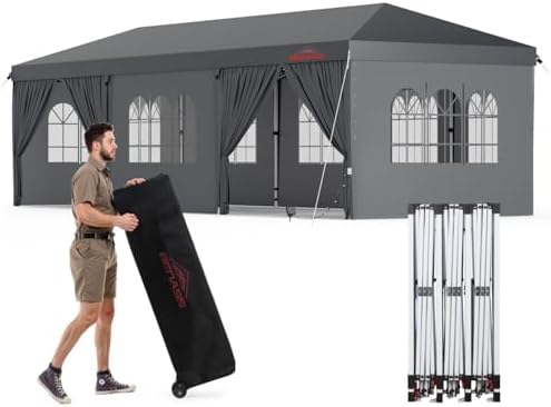 Benass 10x30 Pop Up Canopy Tent with 8 Sidewalls, Heavy Duty Tents for Parties, Grey