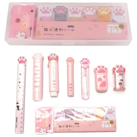 SUEIANNMN 9 Pcs Cute Cat Paw Stationery Set Pencil Sharpener Retractable Eraser Correction Tape Sticky Notes Ruler Mini Scissors Utility Cutter School Office Supplies (Pink) Cover