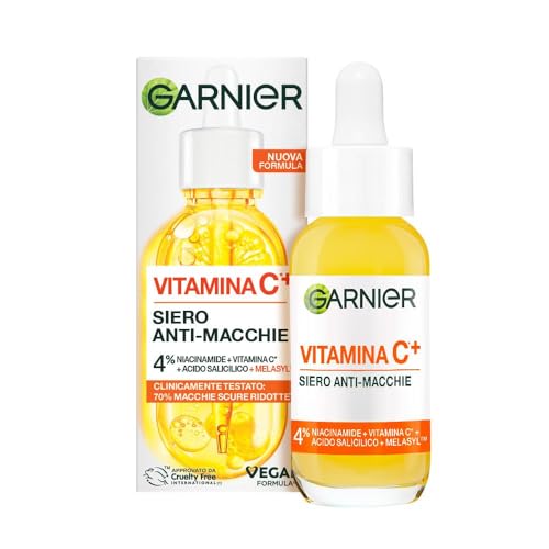 Garnier Siero Vitamina C Anti-Macchie, Illuminante e Rimpolpante, Arricchito con Vitamina C, Niacinamide e Acido Salicilico, Pelle Libera da Macchie Scure e Incarnato Luminoso, 30 ml