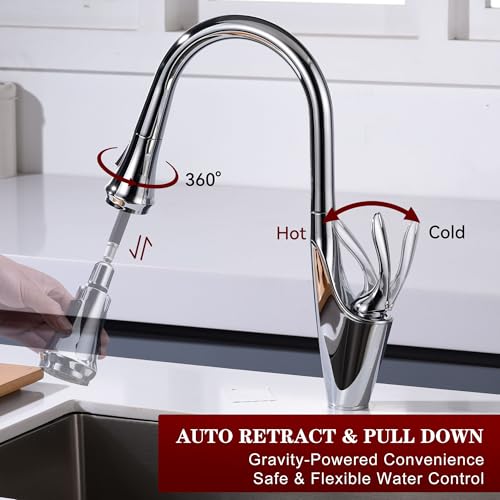Image of sumerain Kitchen Faucet with Pull Down Sprayer, Modern Single Handle Single Hole Kitchen Sink Faucet Chrome,Stainless Steel
