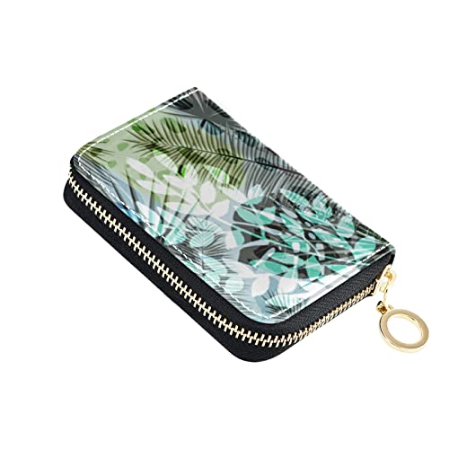 Seamless Exotic Tropical Plants Palm Tree Leaves in Retro StyleGrey Credit Card Coin wallet, RFID Blocking Compact Women Leather Card Holder, Key Change Organizer, Zipper Purse Clutch Pouch