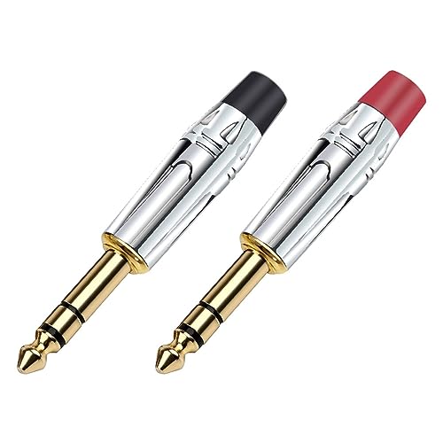 Connecteur jack 6.35mm mâle stéréo en laiton pour câble de microphone noir et rouge, 2 pièces