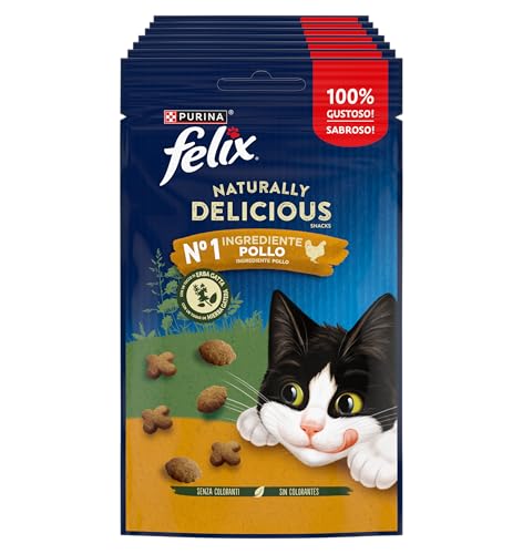 FELIX Naturally Delicious Snack per Gatti Adulti con Pollo ed Erba Gatta 8 Confezioni da 50g