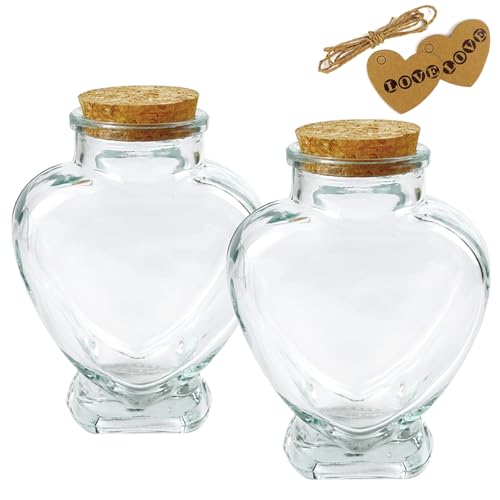 2 Pcs Heart Shaped Glass Bottle with Cork Stopper,160ml Large Empty Jar Decorative for Paper Stars,Wedding Wishes Love Notes Pet Hair Memory Keepsake Romantic Gift 3.3" Opening（Love）