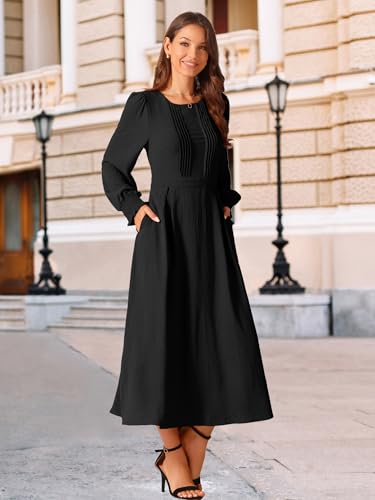 Image of Seta T Women's Fall Dress Frilled Long Sleeve A-Line Casual Midi Dresses | Crewneck, Smocked Cuff, Front Pleated, Pockets, Flowy and Lightweight, Party Elegant Outfit 2026