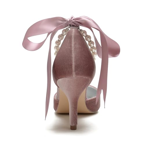 Womens Velvet Pointed Toe High Heel Pumps Comfort Kitten Heels for Bride Pearls Prom Evening Party Dress Shoes2
