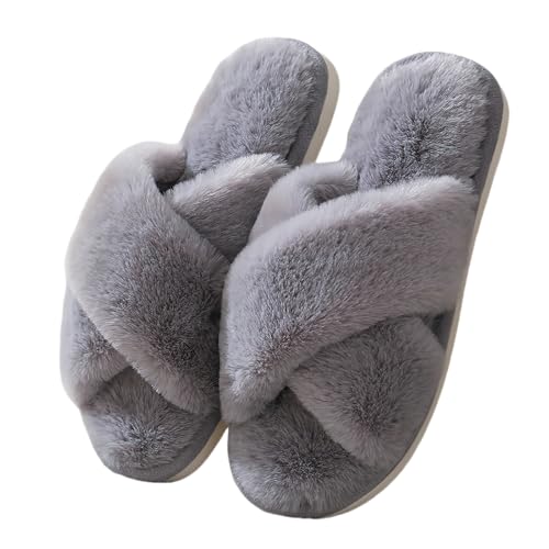 Fuzzy Slide Slippers for Women – Open Toe Faux Fur House Shoes with Memory Foam, Cute Indoor Bedroom Slippers for Ladies & Teens