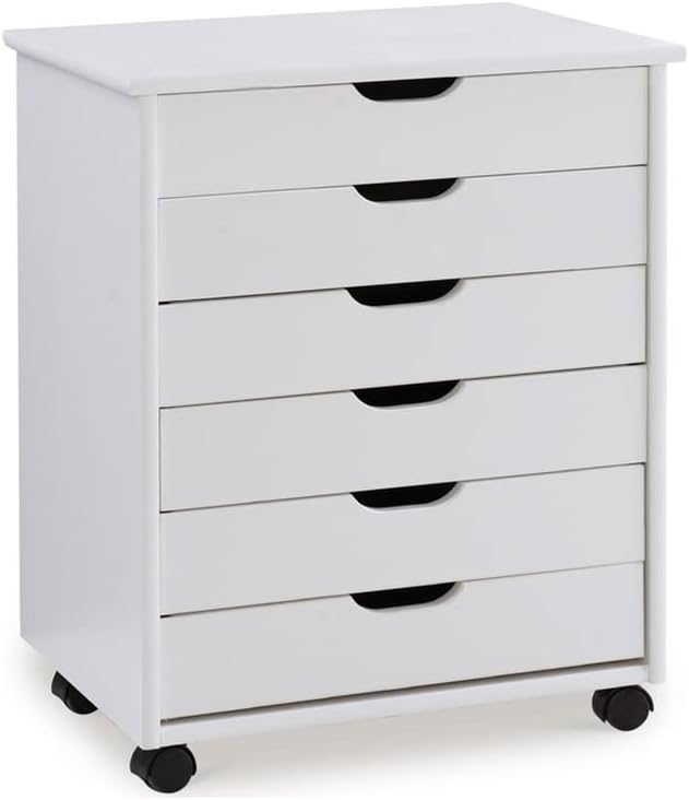 Linon Callie Multipurpose Six Drawer Dresser Wide Wood Rolling File Cabinet Storage Cart in White Wash