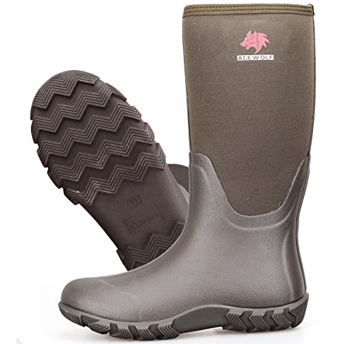 Acewolf Rain Boots For Men, 16'' Waterproof Rubber Neoprene Shoes, En 13832 Anti-Chemicals, Slip Resistant, Soft Toe(Aw41601,Brown,Us 9) #TOP2
