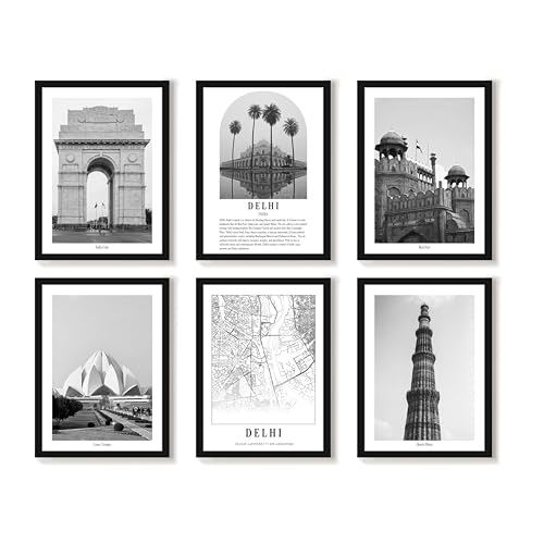 Image of PAINTINGMANTRA A3 Delhi Wall Art Prints Pack of 6, Heritage Landmark Framed Decor, Red Fort, Qutub Minar, Architectural Photography, Photos for Living Room, Bedroom, Office Decoration(32x44 cm)