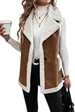 Chaleco de cuero de gamuza sintética de invierno para mujer, sin mangas, con botones, chaqueta forrada de sherpa, abrigo informal, abrigo (Caqui,XL)