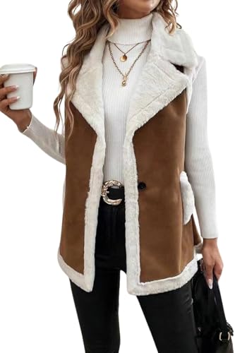 yoeasy Women's Winter Faux Suede Leather Vest Sleeveless Button Down Sherpa Lined Jacket Casual Outerwear Coat