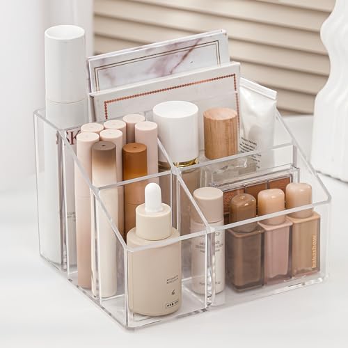 SLHEQING Organizador de Maquillaje, Para Brochas Maquillaje con 5 Compartimentos, Almacenamiento de Cosméticos de Belleza Acrílico para Tocador, Dormitorio, Baño (Transparente)
