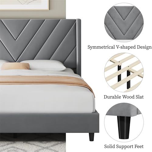 Image of Yaheetech Queen Bed Frame Upholstered Platform Bed /Wooden Slat Support /Tufted Headboard with Wing Side /Mattress Foundation /No Box Spring Needed,Light Grey Queen