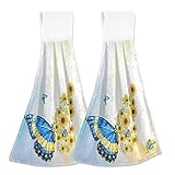 Sunflower Hanging Kitchen Towels Set 2 Pcs - Colorful Butterfly Dish Cloth Tie Towels Hand Towel Tea