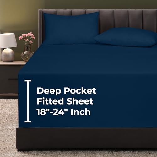 Image of Royale Linens Extra Deep Pocket Twin Fitted Sheet Only - Twin Size Deep Pocket Navy Fitted Sheet - Fits 18 inch to 24 inch Thick Mattress - Soft & Breathable Elastic Sheets (39x75 Inches, Navy)