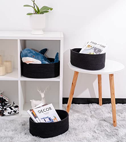 Kriitools Shelf Storage Baskets For Organizing|Cute Basket For Closet&Blanket Storage|Small Woven Baskets To Store Toys,Books,Etc.-13X8.66X5.11’’ Cotton Rope,Stylish,Oval 3 Packs Black #TOP2