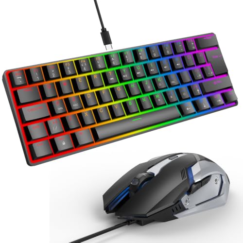 Teclado mecánico para juegos de 61 teclas y ratón RGB con cable USB C para setup gamer negro.